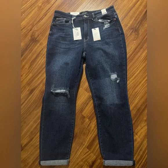 Judy Blue Dark Wash Boyfriend High Waist Distressed Jeans - Picture 1 of 4